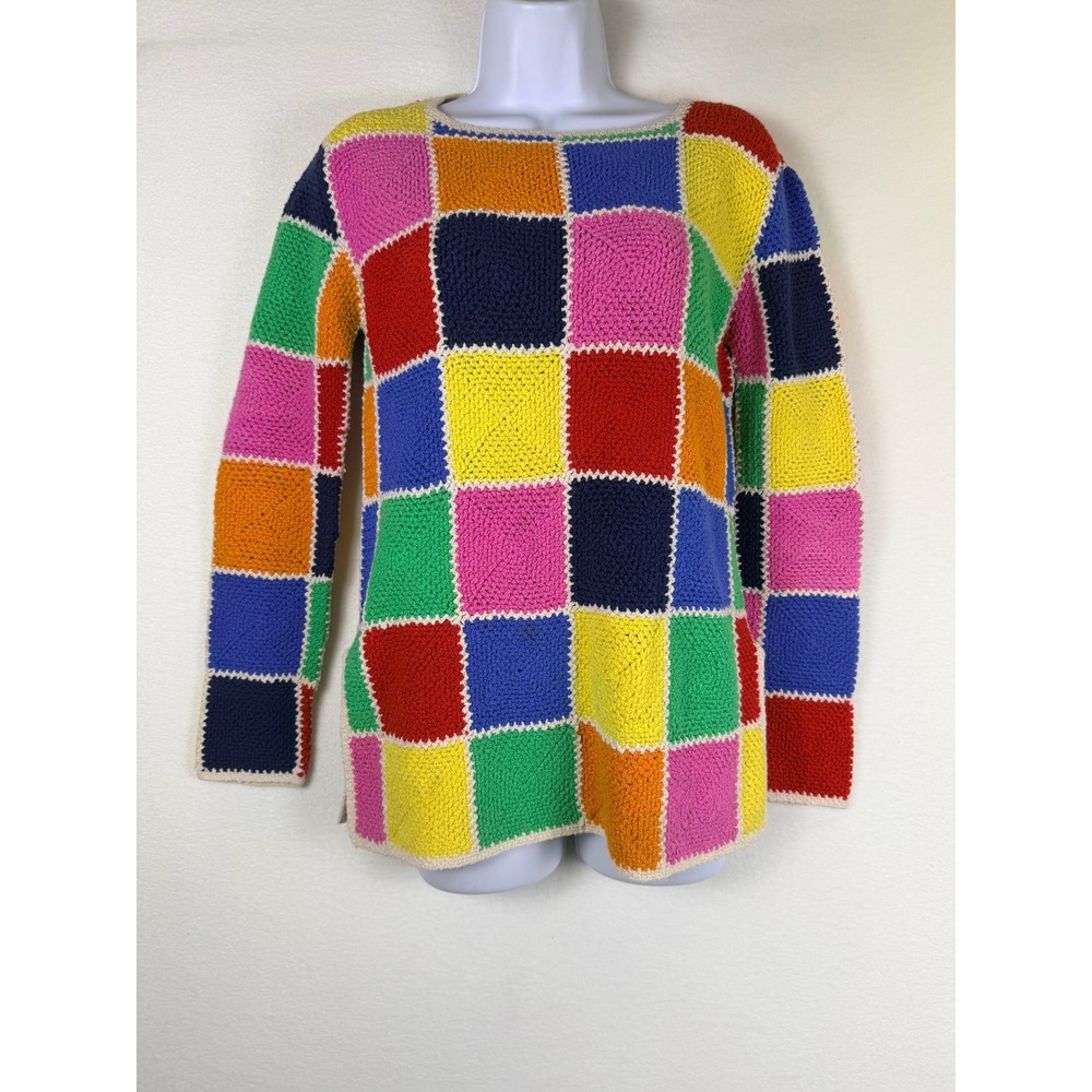 VTG Isaac Mizrahi Granny Patchwork Crochet Sweater Cotton Blend M Boho Eclectic